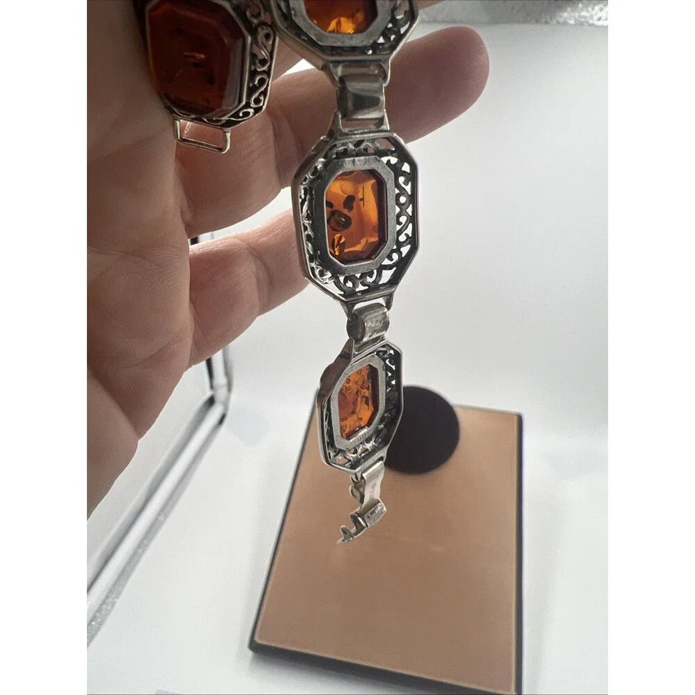 Vintage Bohemian Style Sterling Silver Amber Cabochon Link Bracelet